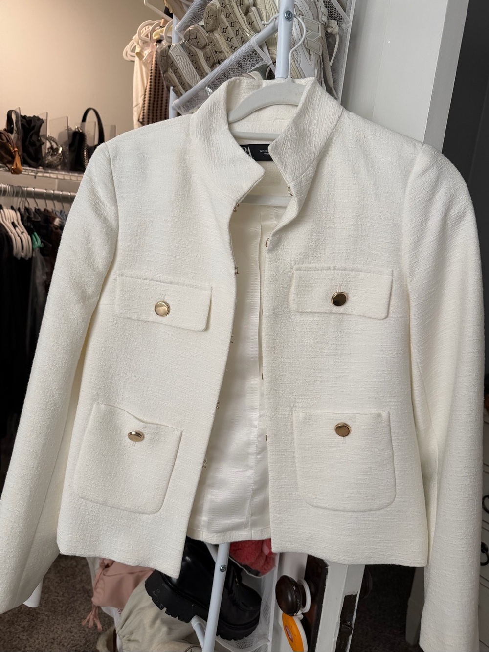 Zara Off-White Bouclé Pocket Jacket with Gold Buttons